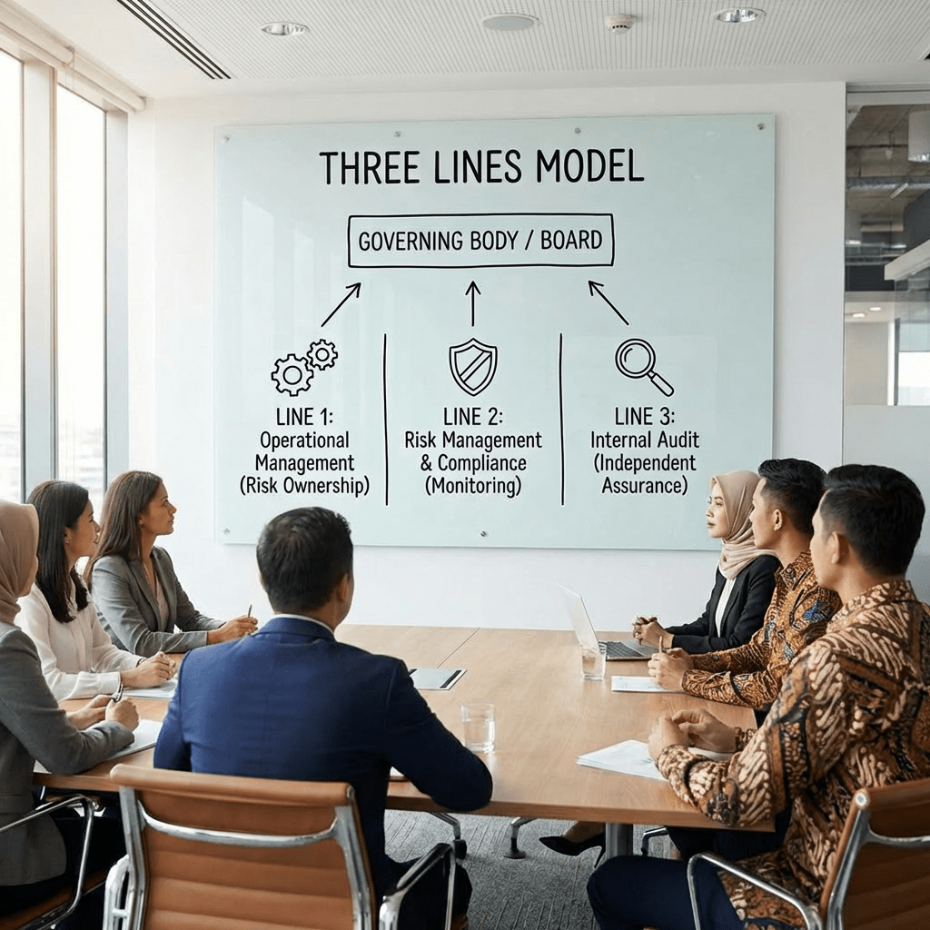 THREE LINES MODEL diagram: GOVERNING BODY / BOARD, LINE 1: Operational Management (Risk Ownership), LINE 2: Risk Management & Compliance (Monitoring), LINE 3: Internal Audit (Independent Assurance).