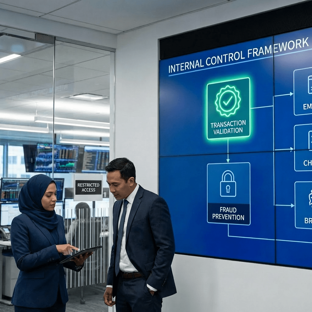 Professionals discuss data beside a screen showing INTERNAL CONTROL FRAMEWORK, TRANSACTION VALIDATION, and FRAUD PREVENTION.