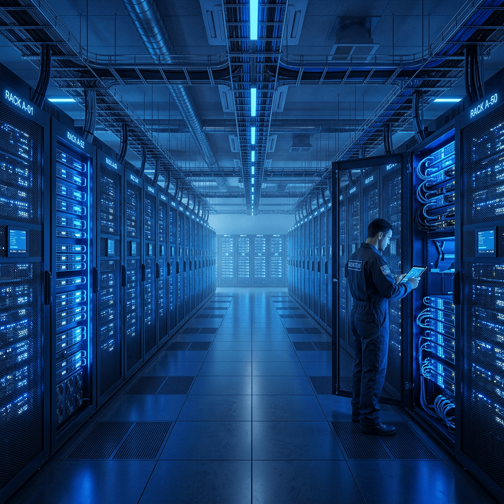 Technician checking open server rack with tablet in a blue-lit data center