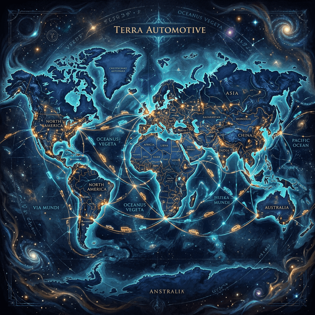 World map highlighting automotive routes and connections between major regions